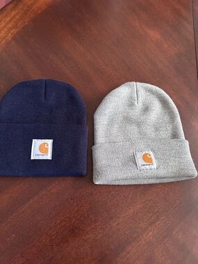 2 Carhartt Beanie Hats Navy Blue & Gray